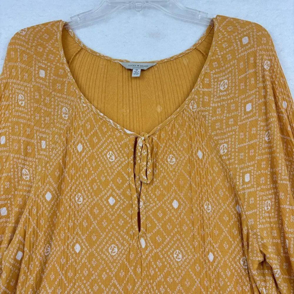 Lucky Brand Peasant Bouse Size M Golden‎ Yellow Print Peasant Tied Deep V Neck